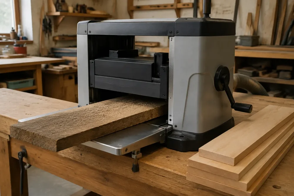 Benchtop thickness planer with infeed table, dust hose and rough and planed boards