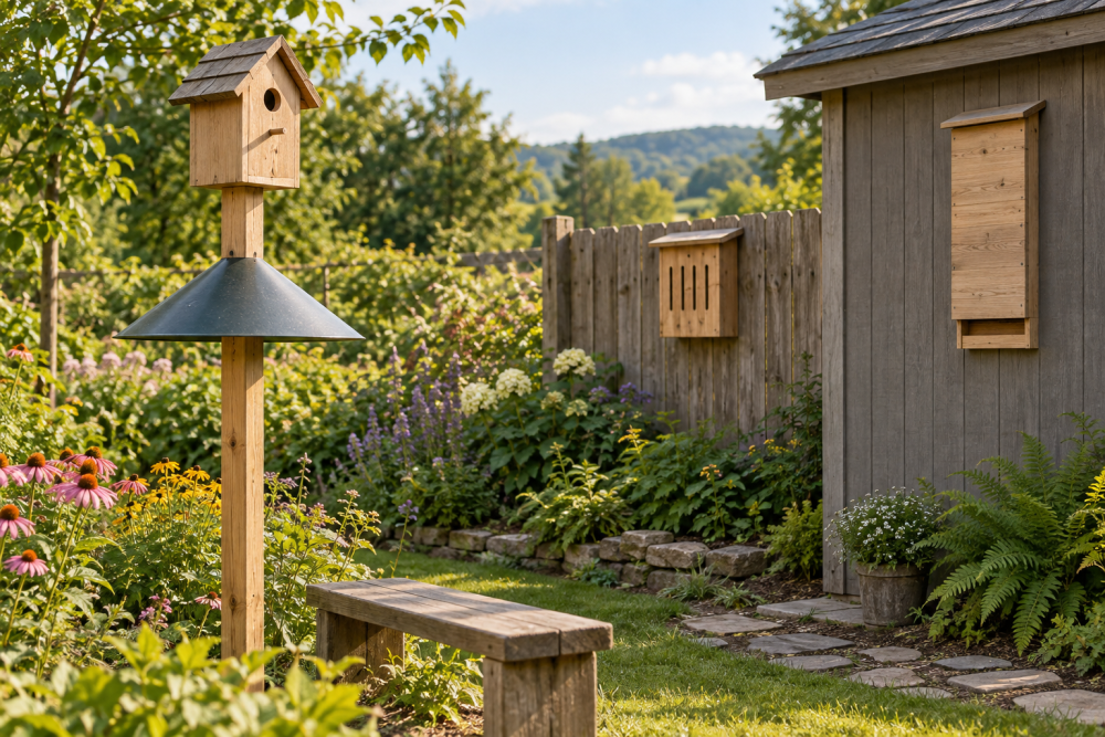 AI-generated editorial illustration of birdhouse pole bat and butterfly boxes