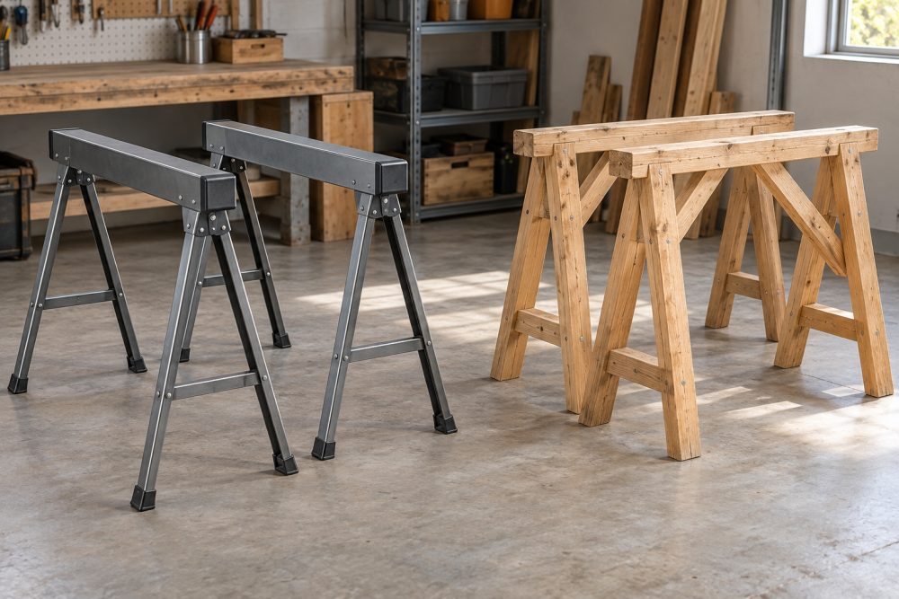 AI-generated editorial illustration of folding and wooden sawhorses