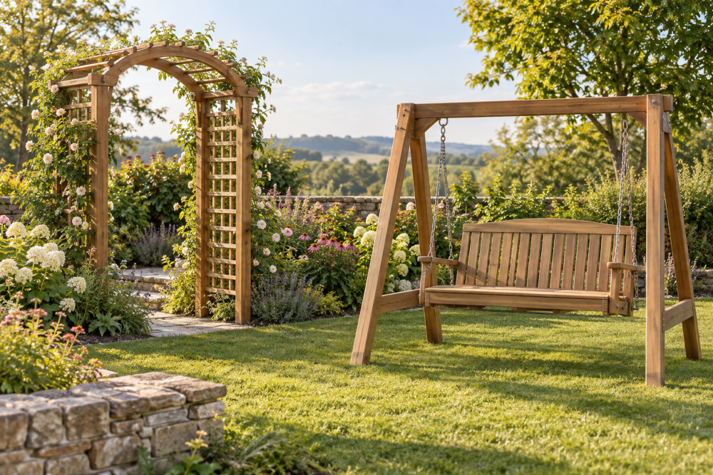 AI-generated editorial illustration of garden arch and swing frame