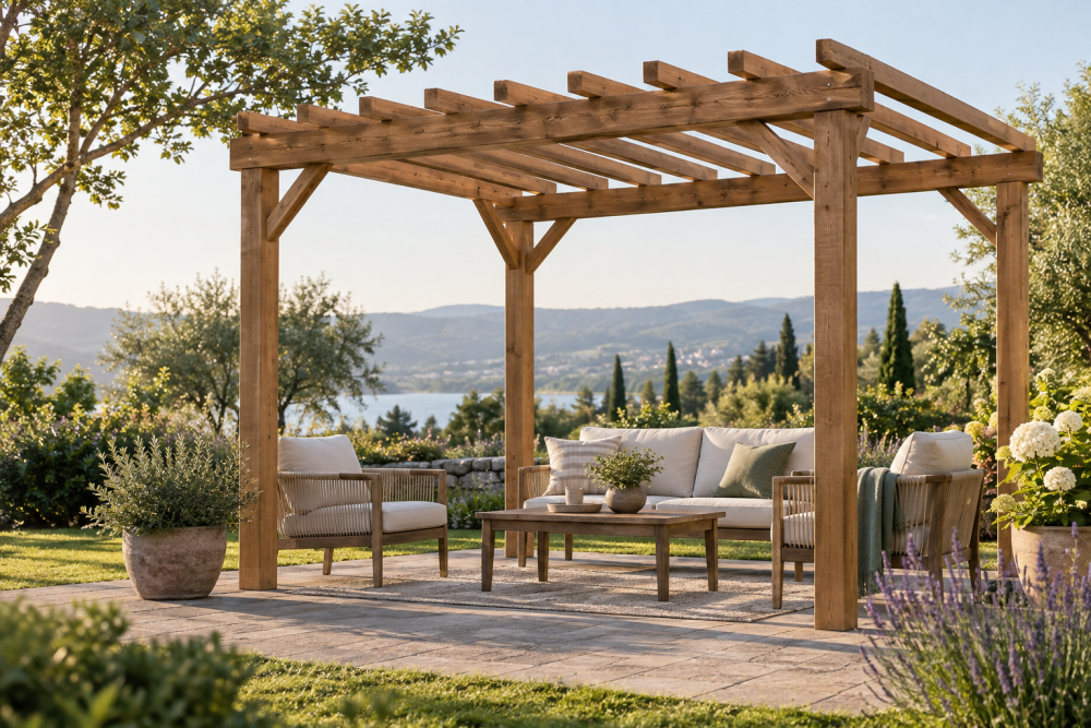 AI-generated editorial illustration of garden pergola