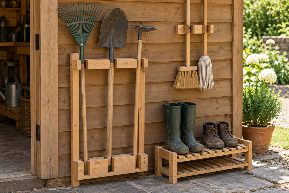 AI-generated editorial illustration of garden tool and boot rack