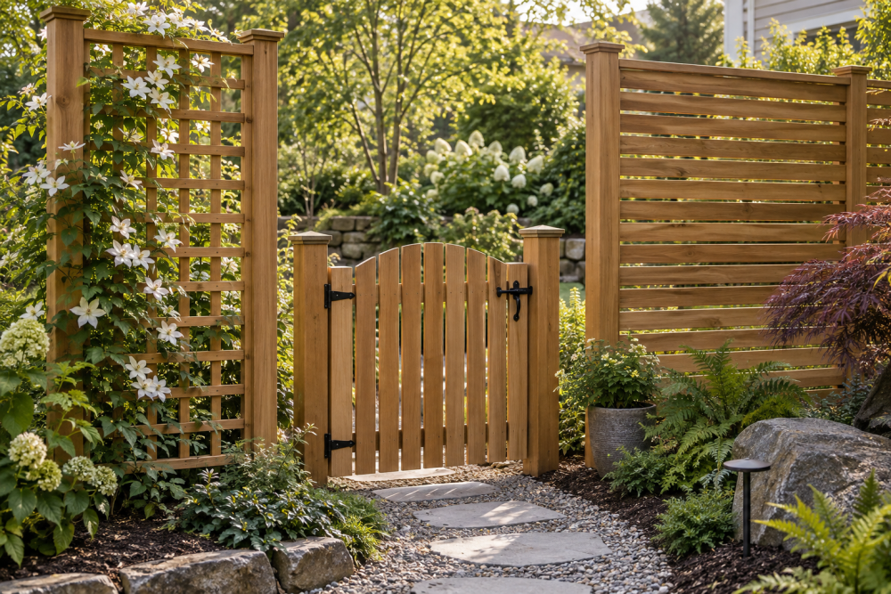 AI-generated editorial illustration of garden trellis and screen