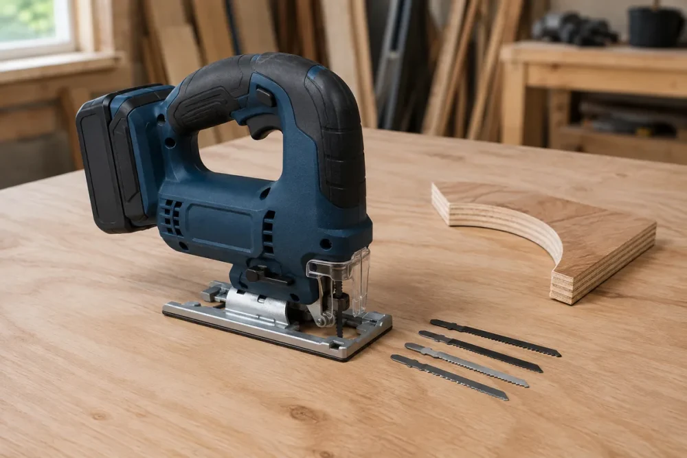 Editorial illustration: cordless jigsaw with loose blades and a curved wood cutout.