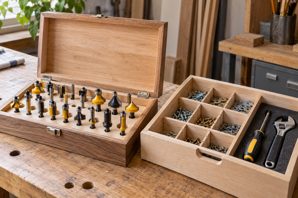 AI-generated editorial illustration of router bit storage and drawer inserts