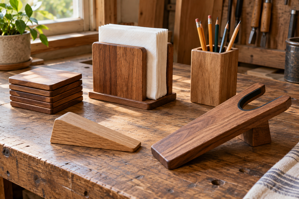 AI-generated editorial illustration of small wooden household projects