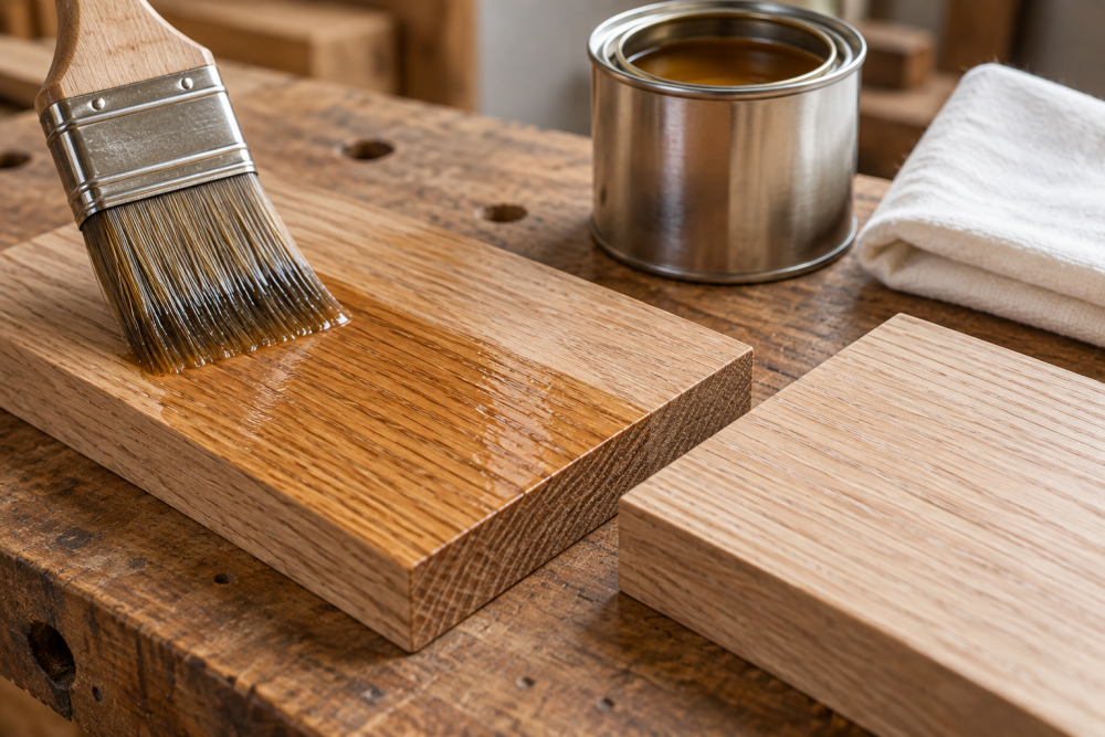 AI-generated editorial illustration: brush applying a clear wood finish to a board beside an unfinished offcut.