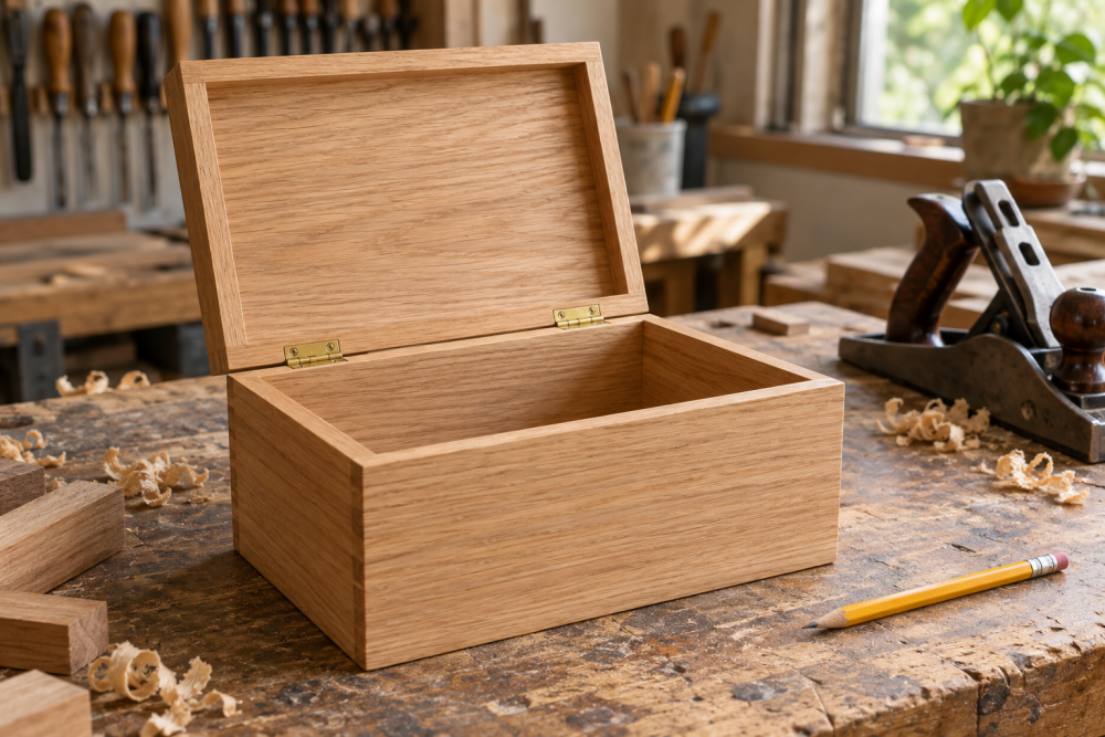 AI-generated editorial illustration of wood storage box
