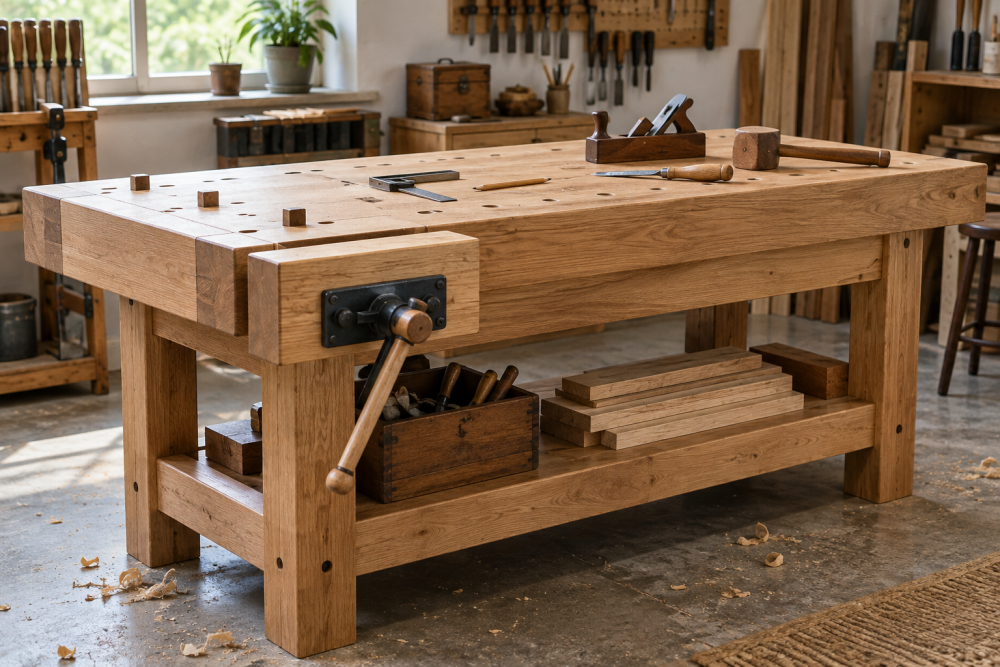 AI-generated editorial illustration of wood workbench