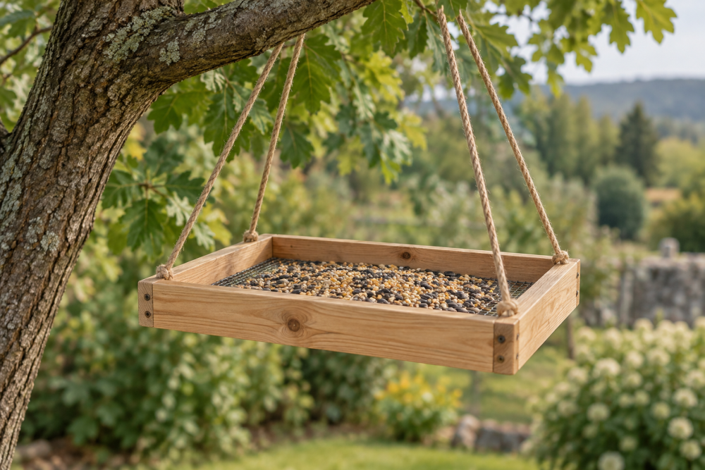 AI-generated editorial illustration of wooden bird feeder