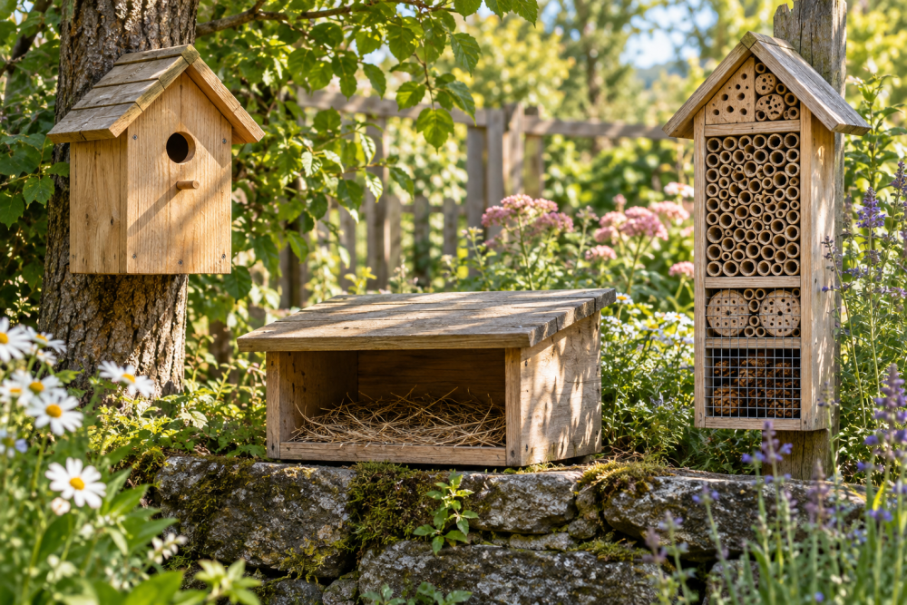 AI-generated editorial illustration of wooden birdhouse and insect hotel