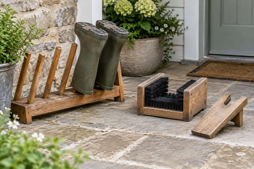 AI-generated editorial illustration of wooden boot drying and scraping