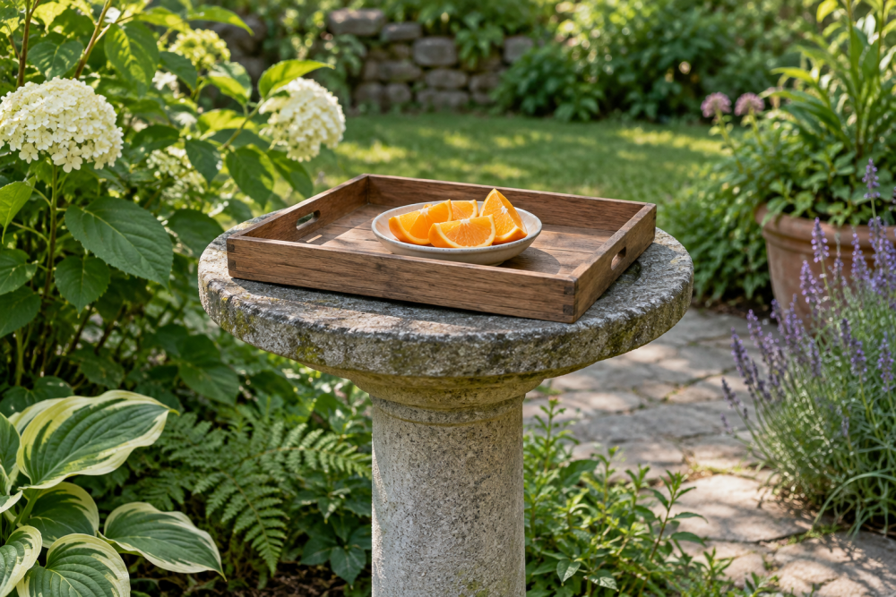 AI-generated editorial illustration of wooden butterfly feeding tray