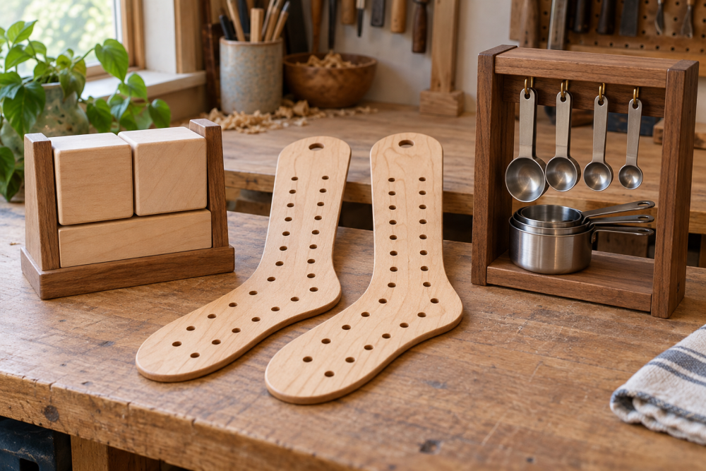 AI-generated editorial illustration of wooden calendar sock and measuring organizers