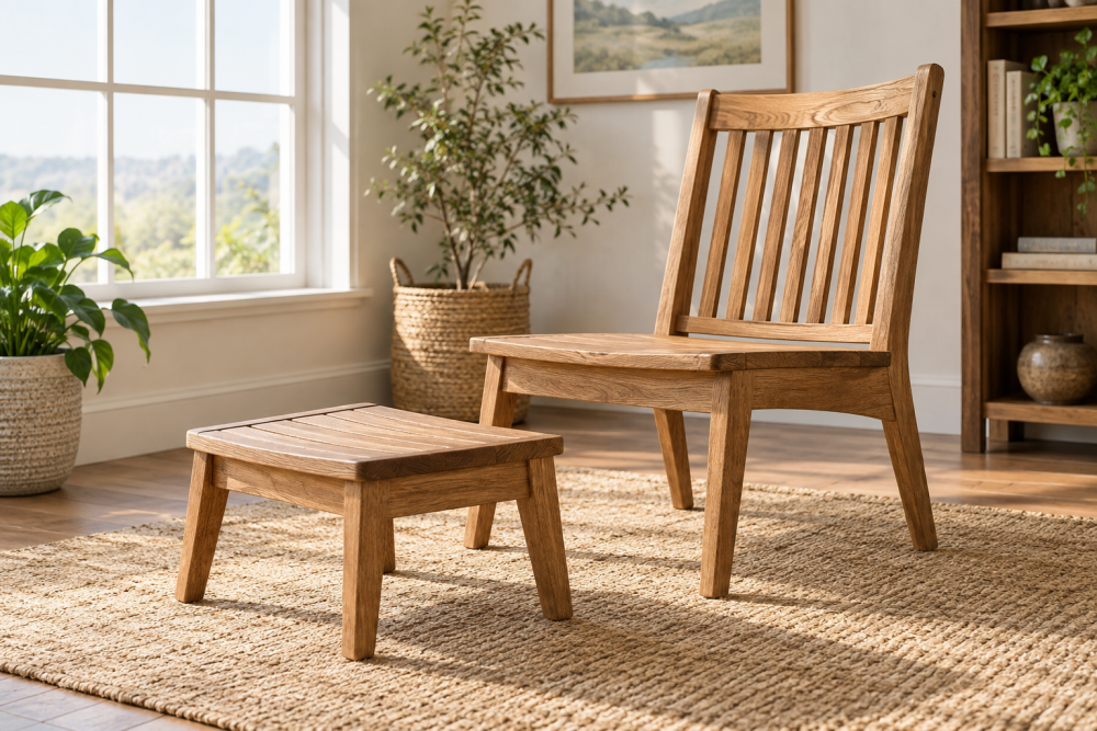 AI-generated editorial illustration of wooden chair and footrest