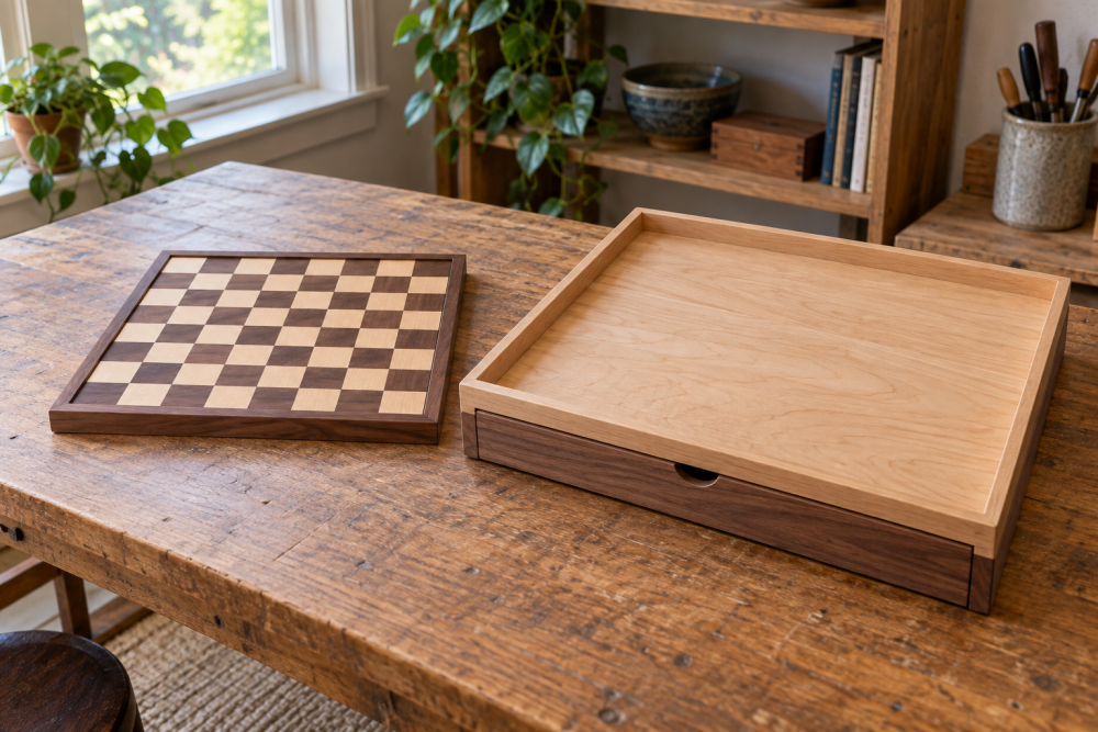 AI-generated editorial illustration of wooden chess and puzzle boards