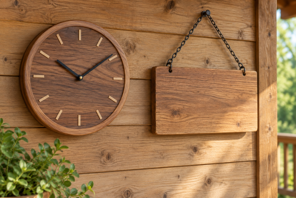 AI-generated editorial illustration of wooden clock and porch sign