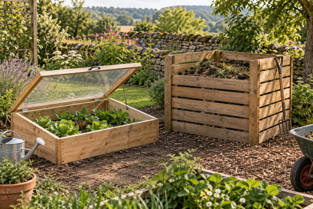 AI-generated editorial illustration of wooden cold frame and compost bin