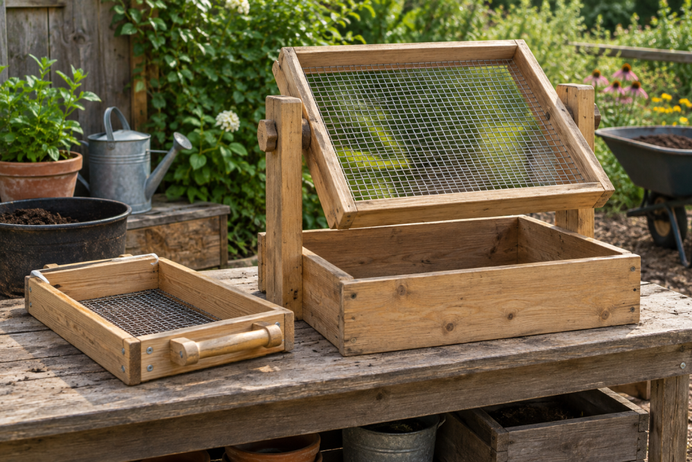 AI-generated editorial illustration of wooden compost sifting frames