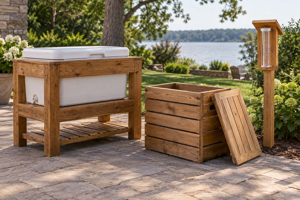 AI-generated editorial illustration of wooden cooler stand and storage box