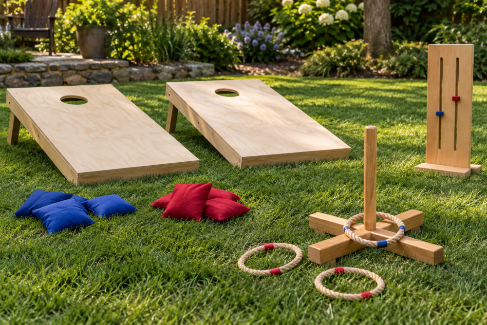 AI-generated editorial illustration of wooden cornhole ring toss and scoreboard