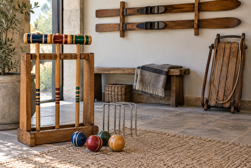 AI-generated editorial illustration of wooden croquet and sports rack