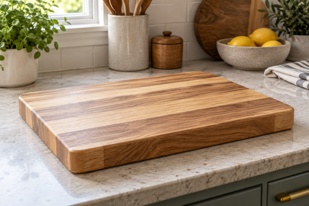AI-generated editorial illustration of wooden cutting board