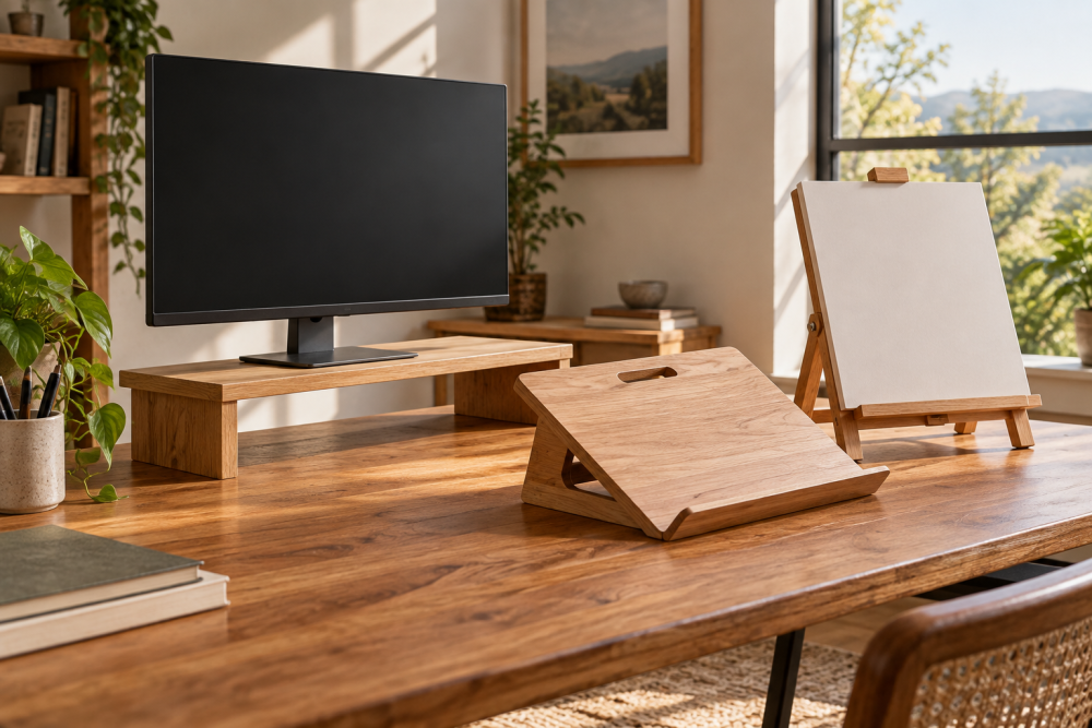 AI-generated editorial illustration of wooden desk risers and easel