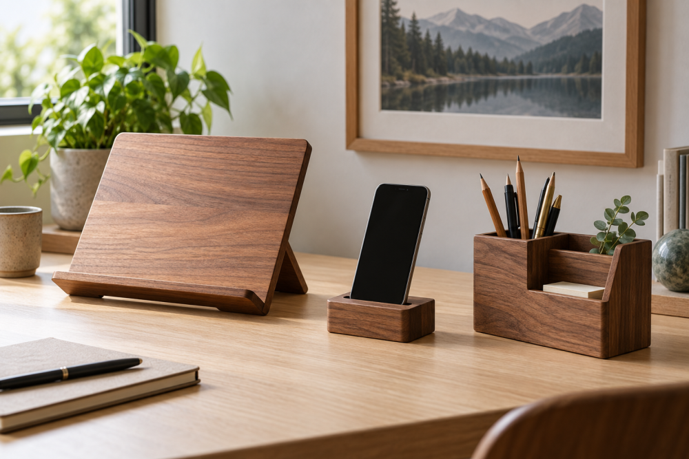 AI-generated editorial illustration of wooden device stands