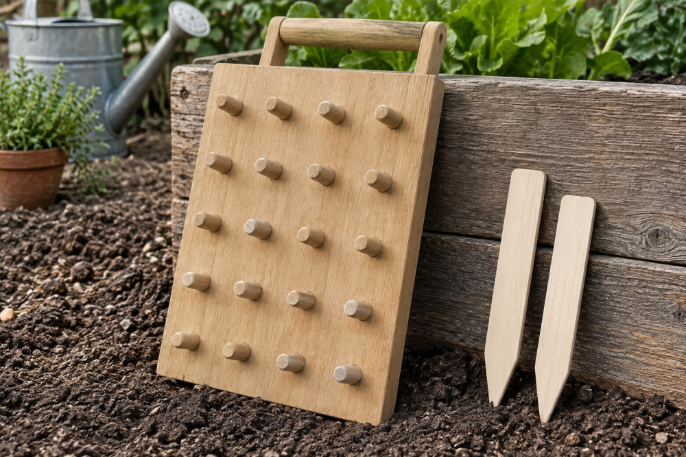 AI-generated editorial illustration of wooden dibble board