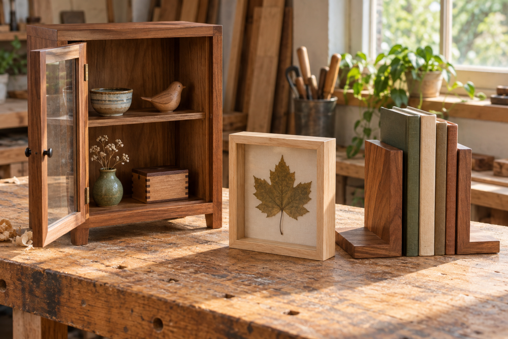 AI-generated editorial illustration of wooden display case and bookends