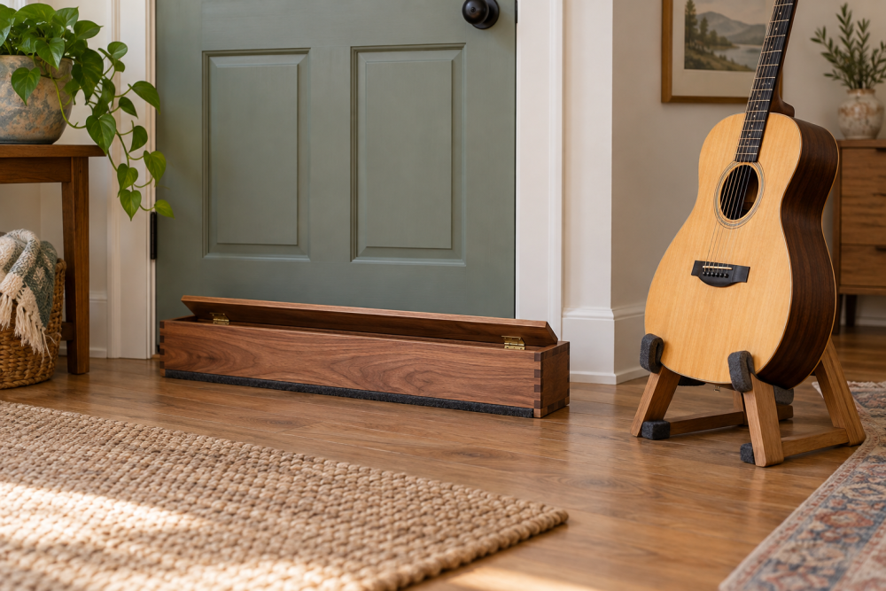 AI-generated editorial illustration of wooden draft box and freestanding guitar stand