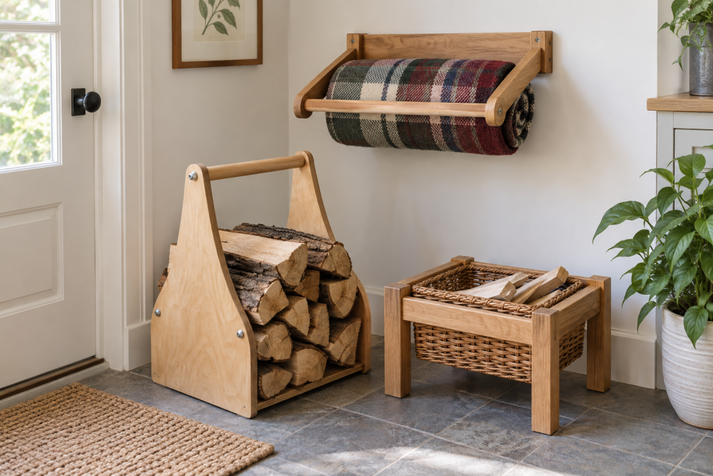 AI-generated editorial illustration of wooden firewood carrier and blanket rack