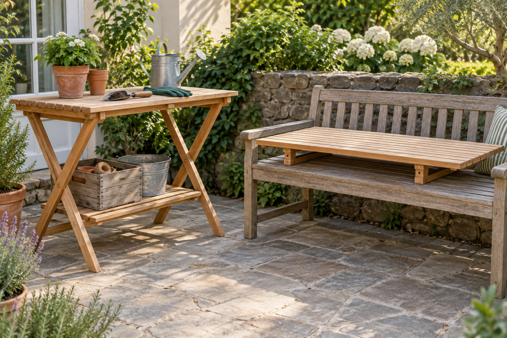 AI-generated editorial illustration of wooden folding potting bench and bench tabletop