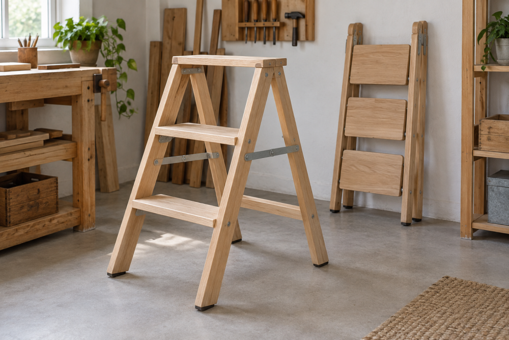 AI-generated editorial illustration of wooden folding step ladders