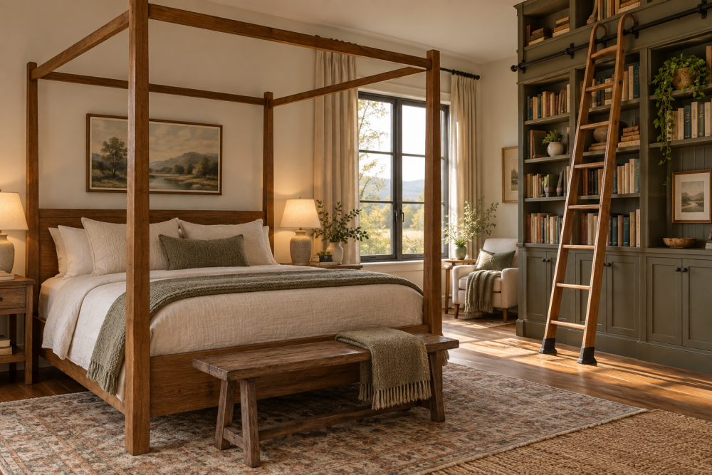 AI-generated editorial illustration of wooden four poster bed and library ladder