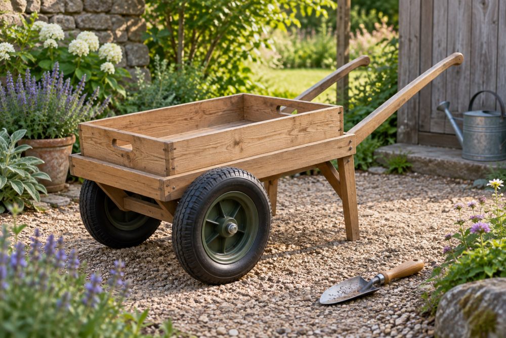 AI-generated editorial illustration of wooden garden cart