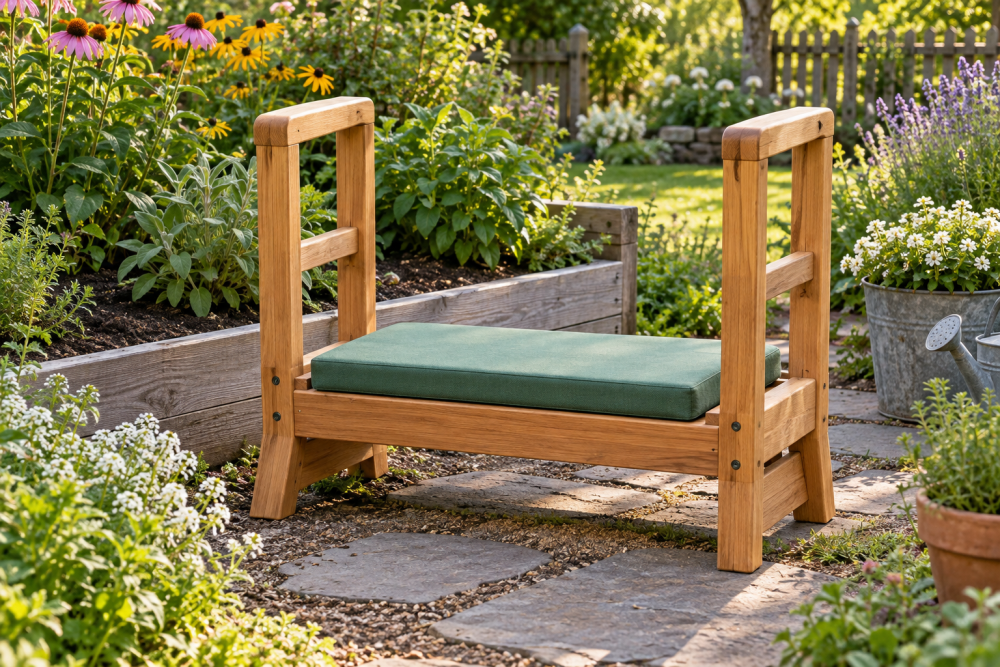 AI-generated editorial illustration of wooden garden kneeler