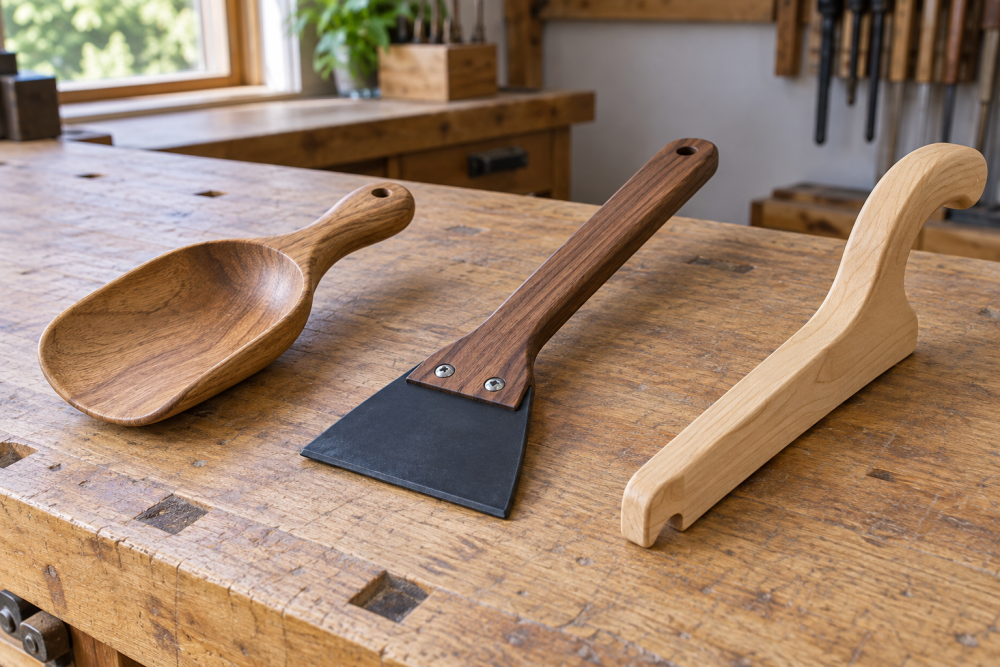 AI-generated editorial illustration of wooden garden scoop scraper and push stick