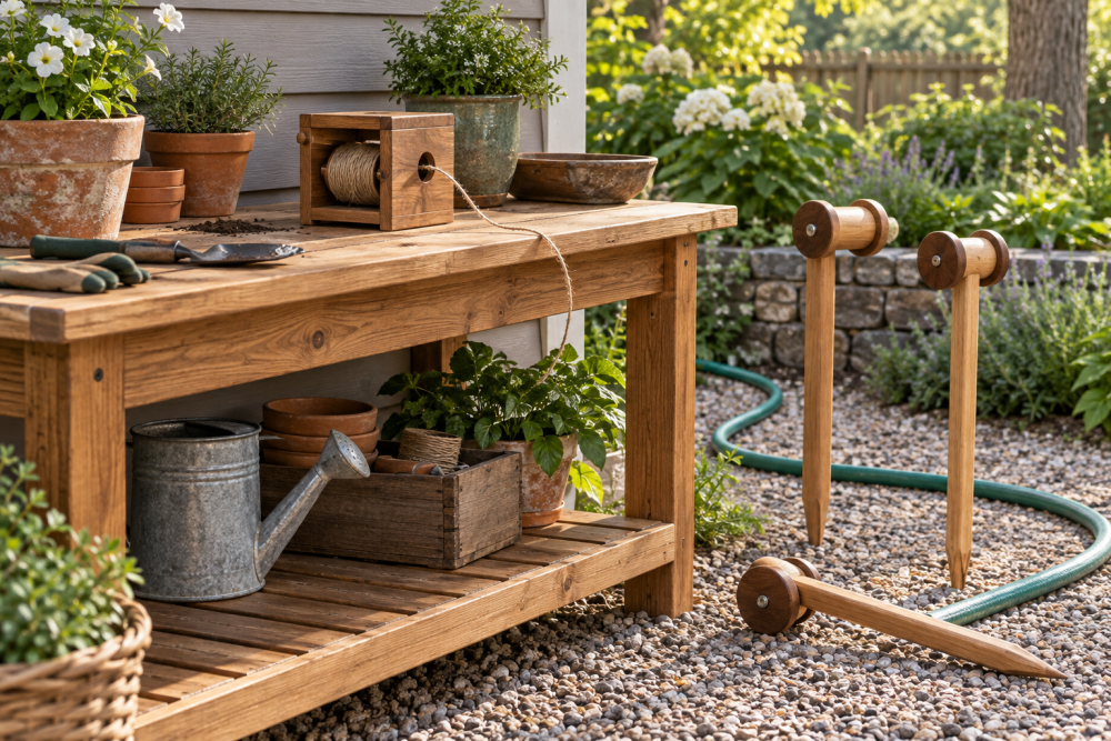 AI-generated editorial illustration of wooden garden twine and hose guides