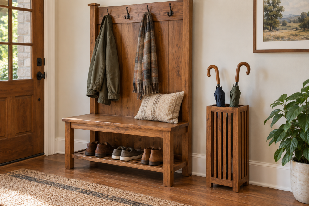 AI-generated editorial illustration of wooden hall tree and umbrella stand