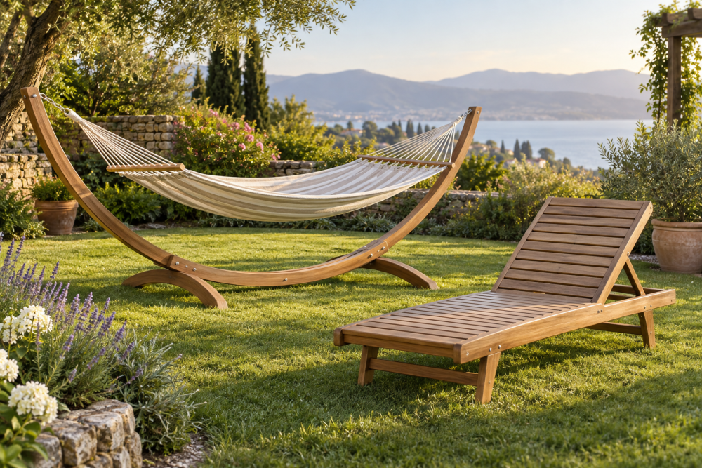 AI-generated editorial illustration of wooden hammock stand and lounger