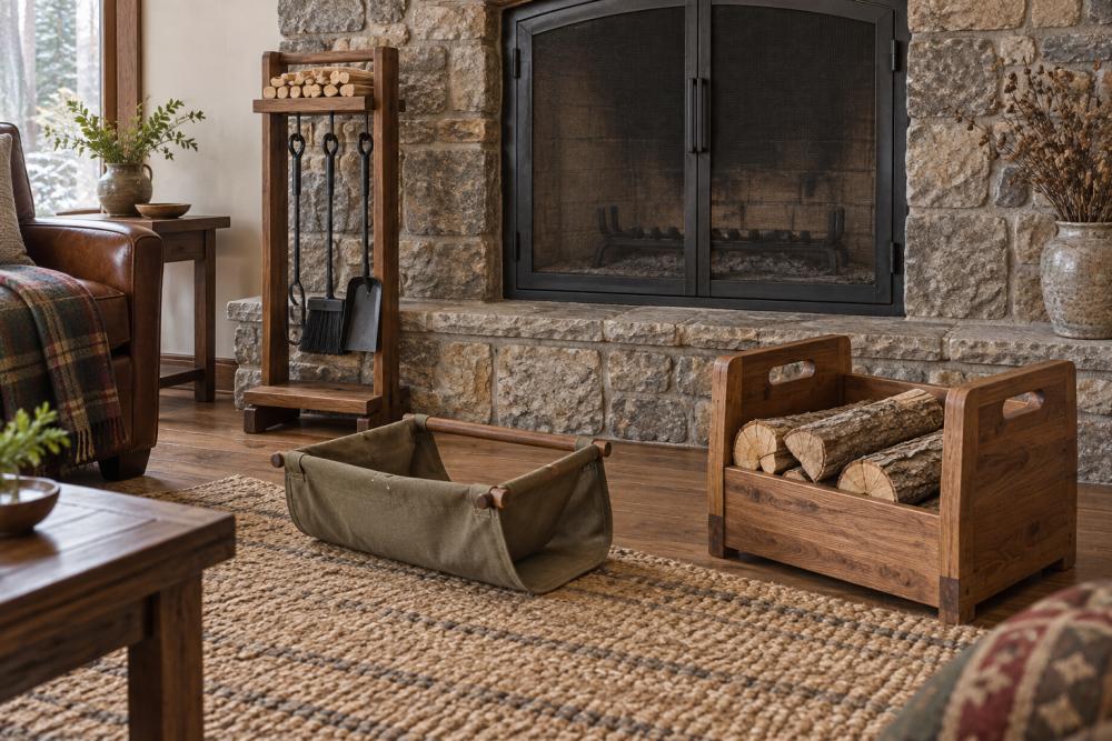 AI-generated editorial illustration of wooden hearth and firewood organizers