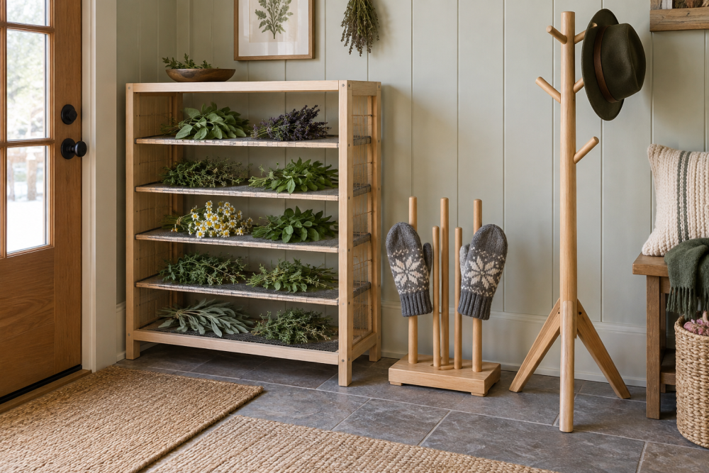 AI-generated editorial illustration of wooden herb mitten and coat racks