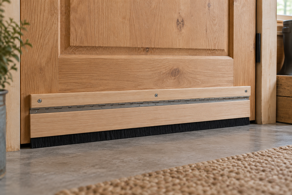 AI-generated editorial illustration of wooden hinged door sweep