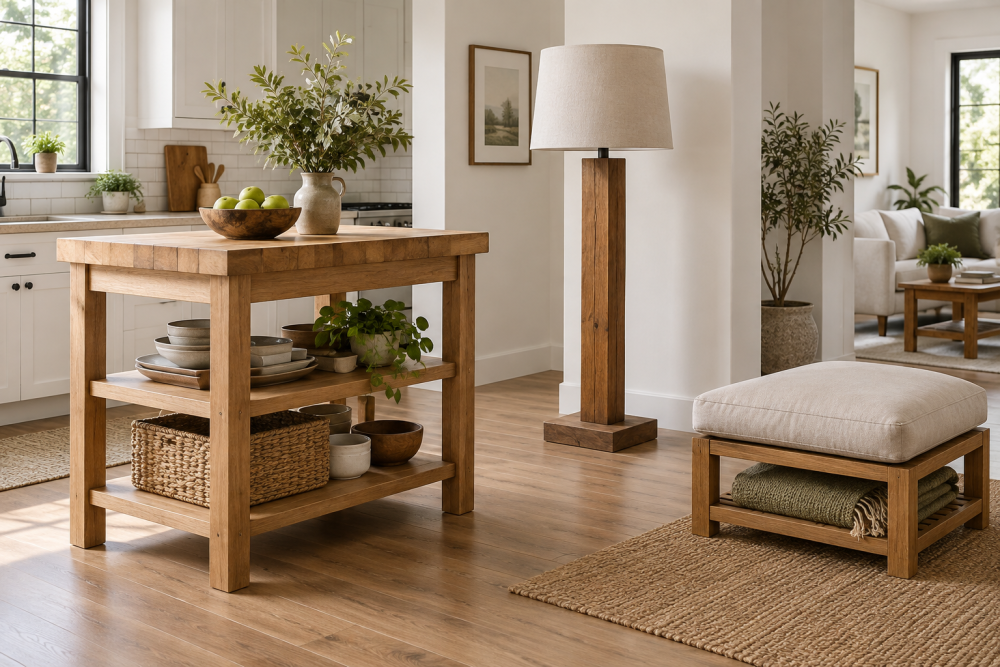 AI-generated editorial illustration of wooden kitchen island and floor furniture