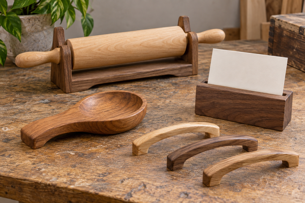 AI-generated editorial illustration of wooden kitchen small crafts