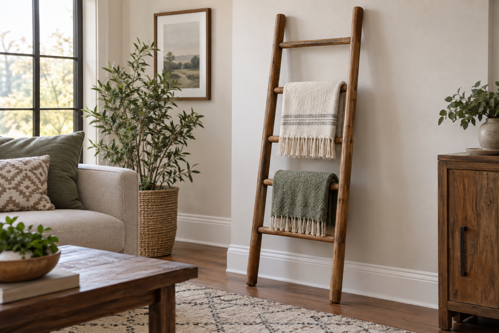 AI-generated editorial illustration of wooden ladder rack