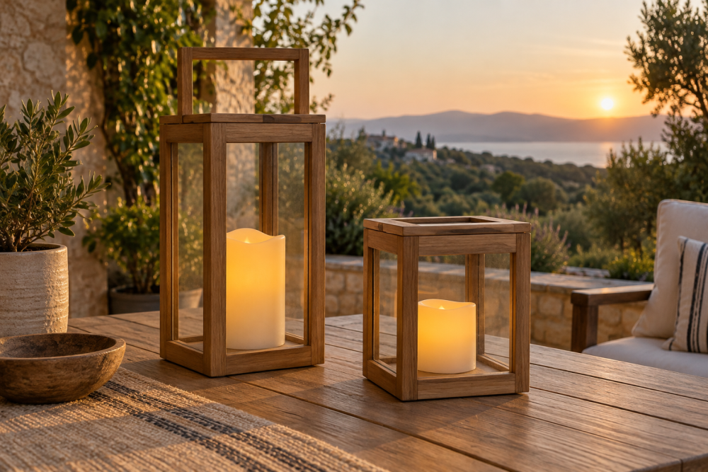 AI-generated editorial illustration of wooden lantern and candle box