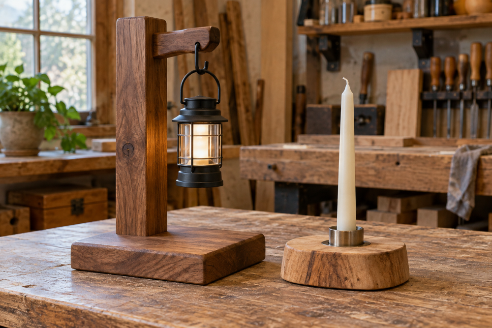 AI-generated editorial illustration of wooden lantern and candle stands